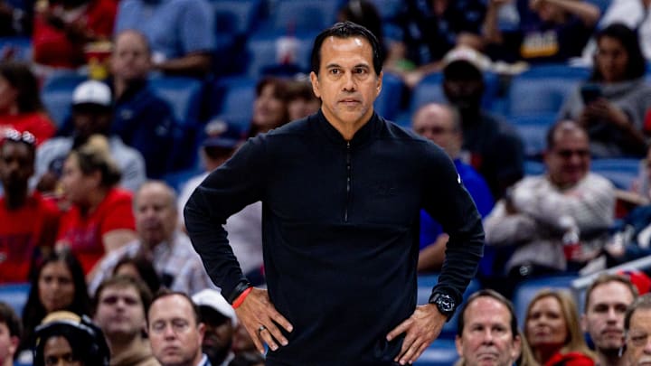 Apr 11, 2025; New Orleans, Louisiana, USA; Miami Heat head coach Erik Spoelstra looks on against the New Orleans Pelicans during the first half at Smoothie King Center. Mandatory Credit: Stephen Lew-Imagn Images