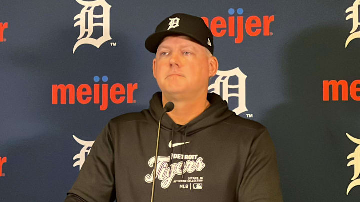Detroit Tigers manager A.J. Hinch speaks to reporters April 5, 2024, before the home opener at Comerica Park