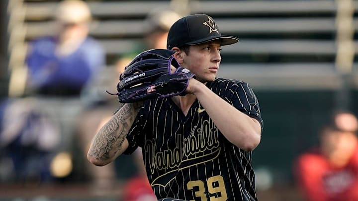 Vanderbilt pitcher Connor Fennell (39) pitches against Oklahoma during the first inning at Hawkins Field in Nashville, Tenn., Thursday, April 9, 2026. Vanderbilt pitcher Connor Fennell (39) pitches against Oklahoma during the first inning at Hawkins Field in Nashville, Tenn., Thursday, April 9, 2026.