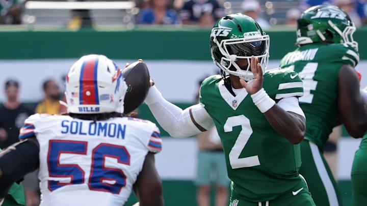 Sep 14, 2025; East Rutherford, New Jersey, USA; New York Jets quarterback Tyrod Taylor (2) drops back to pass against the Buffalo Bills during the second half at MetLife Stadium. Mandatory Credit: Vincent Carchietta-Imagn Images