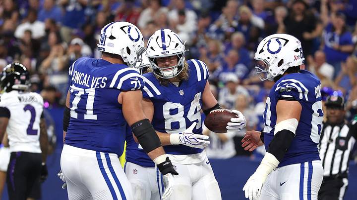 Sep 13, 2026; Indianapolis, Indiana, USA; Indianapolis Colts tight end Tyler Warren (84) celebrates with guard Matt Goncalves (71) and center Tanor Bortolini (60) scoring a touchdown against the Baltimore Ravens during the second half at Lucas Oil Stadium. Mandatory Credit: Trevor Ruszkowski-Imagn Images Sep 13, 2026; Indianapolis, Indiana, USA; Indianapolis Colts tight end Tyler Warren (84) celebrates with guard Matt Goncalves (71) and center Tanor Bortolini (60) scoring a touchdown against the Baltimore Ravens during the second half at Lucas Oil Stadium. Mandatory Credit: Trevor Ruszkowski-Imagn Images