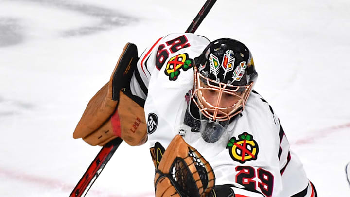 Jan 8, 2022; Las Vegas, Nevada, USA; Chicago Blackhawks goaltender Marc-Andre Fleury (29) makes a