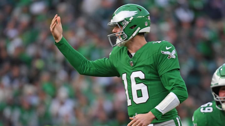 Dec 29, 2024; Philadelphia, Pennsylvania, USA; Philadelphia Eagles quarterback Tanner McKee (16) against the Dallas Cowboys at Lincoln Financial Field. Mandatory Credit: Eric Hartline-Imagn Images