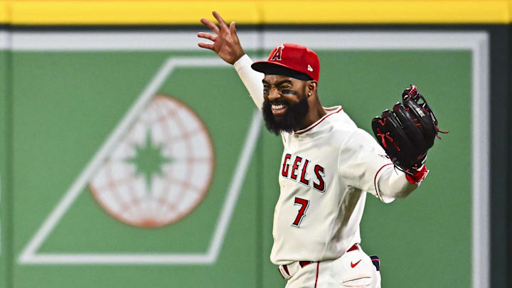 Jo Adell (7) reacts after making a catch against the Seattle Mariners during the ninth inning at Angel Stadium.