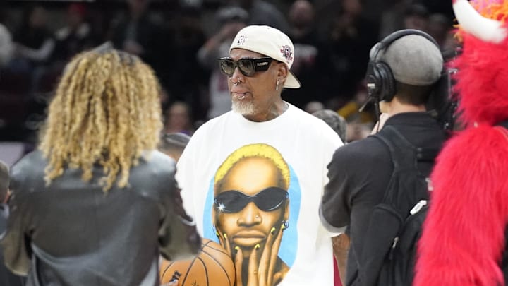 Nov 18, 2023; Chicago, Illinois, USA; Former Chicago Bulls Dennis Rodman before the game at United Center. Mandatory Credit: David Banks-Imagn Images