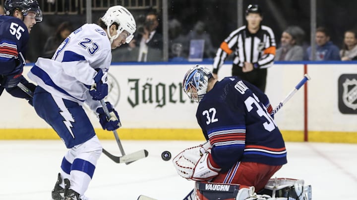 Feb 7, 2024; New York, New York, USA; New York Rangers goaltender Jonathan Quick (32) makes a save