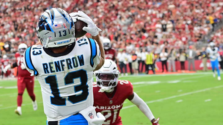 Sep 14, 2025; Glendale, Arizona, USA;  Carolina Panthers wide receiver Hunter Renfrow (13) receives a pass to score a touchdown  during the third quarter against the Arizona Cardinals at State Farm Stadium. Mandatory Credit: Matt Kartozian-Imagn Images