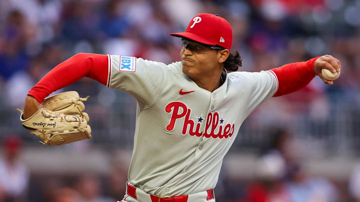 Apr 10, 2025; Atlanta, Georgia, USA; Philadelphia Phillies starting pitcher Jesus Luzardo (44) throws against the Atlanta Braves in the first inning at Truist Park. Mandatory Credit: Brett Davis-Imagn Images