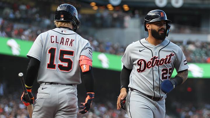 Detroit Tigers second baseman Gleyber Torres (25) celebrates with Detroit Tigers center fielder Max Clark (15) after scoring a run. Credit: Scott Marshall-Imagn Images Detroit Tigers second baseman Gleyber Torres (25) celebrates with Detroit Tigers center fielder Max Clark (15) after scoring a run. Credit: Scott Marshall-Imagn Images