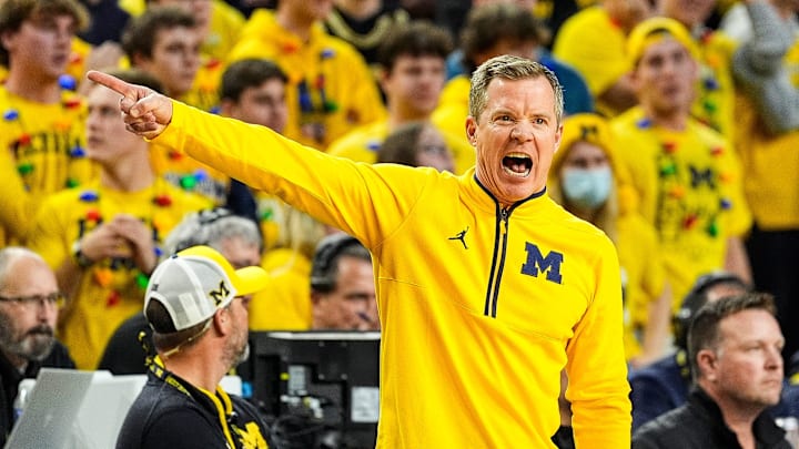 Michigan head coach Dusty May reacts to a play against Iowa during the second half at Crisler Center in Ann Arbor on Saturday, Dec. 7, 2024.