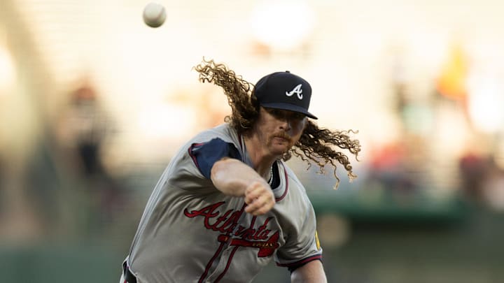 Aug 14, 2024; San Francisco, California, USA; Atlanta Braves pitcher starting Grant Holmes (66) delivers a pitch against the San Francisco Giants during the first inning at Oracle Park. Mandatory Credit: D. Ross Cameron-Imagn Images