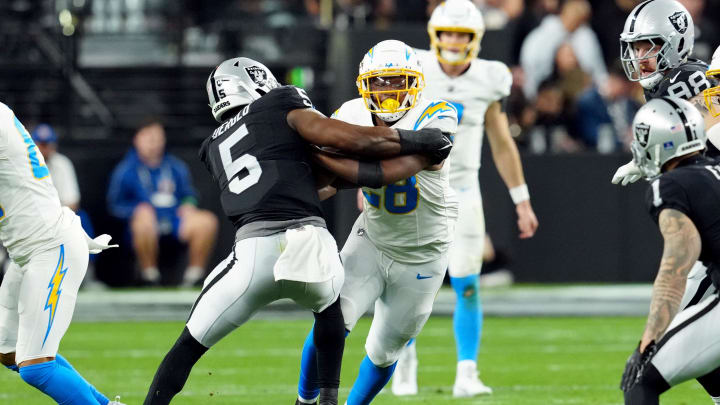 Dec 14, 2023; Paradise, Nevada, USA; Los Angeles Chargers running back Isaiah Spiller (28) runs Dec 14, 2023; Paradise, Nevada, USA; Los Angeles Chargers running back Isaiah Spiller (28) runs