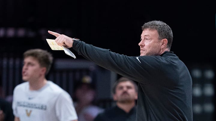 Vanderbilt coach Mark Byington works the sideline against Virginia during the first half of their exhibition game at Memorial Gym in Nashville, Tenn., Thursday, Oct. 16, 2025.