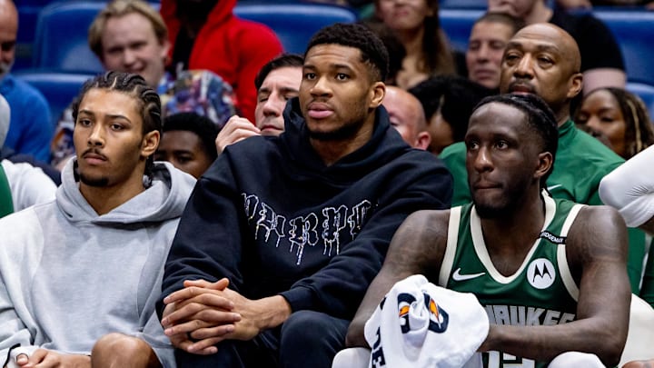 Milwaukee Bucks forward Giannis Antetokounmpo looks on from the bench against the New Orleans Pelicans during the second half at Smoothie King Center on April 6.