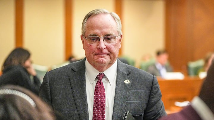 General Mark A. Welsh III, President of Texas A&M University, makes his way out after he addressed the Senate Higher Education Subcommittee at the State Capitol on Monday, Nov. 11, 2024.