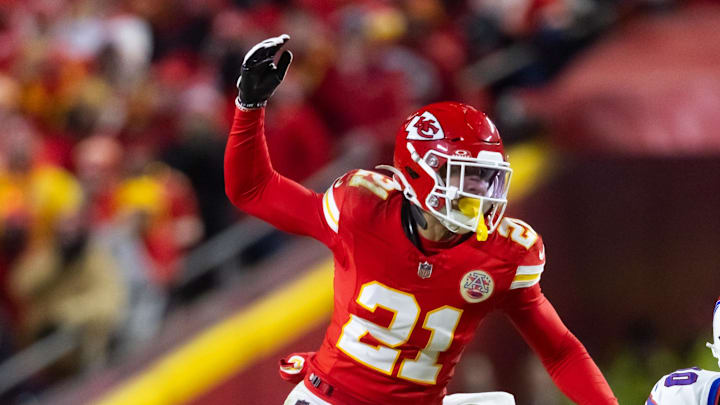 Jan 26, 2025; Kansas City, MO, USA; Kansas City Chiefs safety Jaden Hicks (21) against the Buffalo Bills in the AFC Championship game at GEHA Field at Arrowhead Stadium. Mandatory Credit: Mark J. Rebilas-Imagn Images