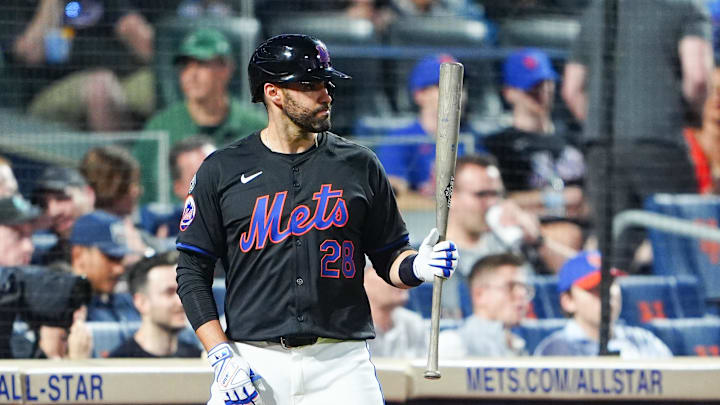 Jun 14, 2024; New York City, New York, USA;  New York Mets designated hitter JD Martinez (28) on deck during the first inning against the San Diego Padres at Citi Field. Mandatory Credit: Gregory Fisher-Imagn Images