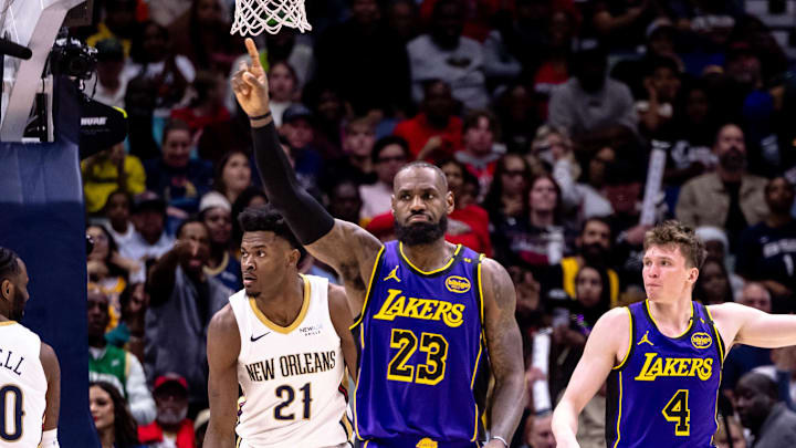 Nov 16, 2024; New Orleans, Louisiana, USA;  Los Angeles Lakers forward LeBron James (23) signals no basket against the New Orleans Pelicans during the second half at Smoothie King Center. Mandatory Credit: Stephen Lew-Imagn Images