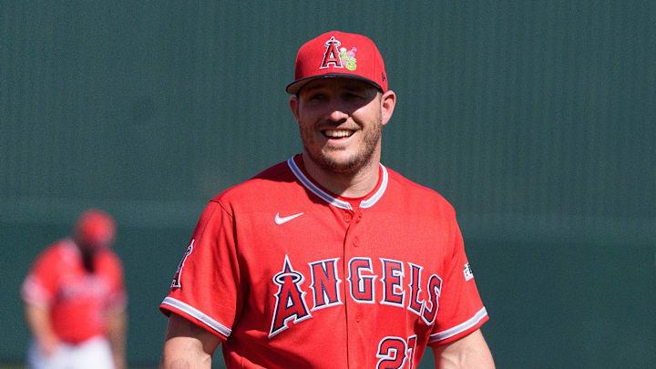 Feb 24, 2026; Tempe, Arizona, USA; Los Angeles Angels designated hitter Mike Trout (27) smiles as he warms up before the start of a spring training game against the San Francisco Giants at Tempe Diablo Stadium. Mandatory Credit: Allan Henry-Imagn Images Feb 24, 2026; Tempe, Arizona, USA; Los Angeles Angels designated hitter Mike Trout (27) smiles as he warms up before the start of a spring training game against the San Francisco Giants at Tempe Diablo Stadium. Mandatory Credit: Allan Henry-Imagn Images
