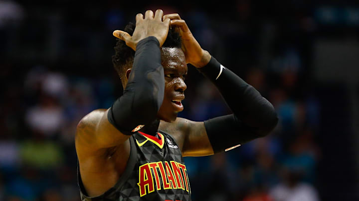 Hawks guard Dennis Schroder (17) reacts to a foul call in the second half against the Charlotte Hornets. 