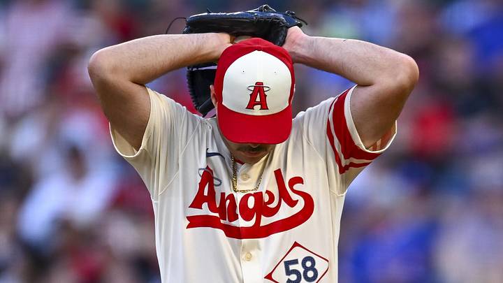 Aug 23, 2025; Anaheim, California, USA; Los Angeles Angels starting pitcher Victor Mederos (58) throws a pitch against the Chicago Cubs during the first inning at Angel Stadium. Mandatory Credit: Jonathan Hui-Imagn Images