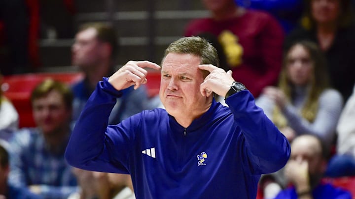 Feb 15, 2025; Salt Lake City, Utah, USA; Kansas Jayhawks head coach Bill Self calls a play against the Utah Utes during the first half at the Jon M. Huntsman Center. Mandatory Credit: Christopher Creveling-Imagn Images