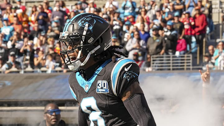 Nov 24, 2024; Charlotte, North Carolina, USA; Carolina Panthers cornerback Jaycee Horn (8) takes the field against the Kansas City Chiefs during the first quarter at Bank of America Stadium. Mandatory Credit: Jim Dedmon-Imagn Images
