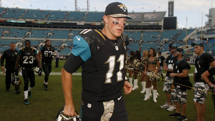 Nov 17, 2013; Jacksonville, FL, USA; Jacksonville Jaguars quarterback Blaine Gabbert (11) walks off the field after their game against the Arizona Cardinals at EverBank Field. The Arizona Cardinals beat the Jacksonville Jaguars 27-14. Mandatory Credit: Phil Sears-Imagn Images Nov 17, 2013; Jacksonville, FL, USA; Jacksonville Jaguars quarterback Blaine Gabbert (11) walks off the field after their game against the Arizona Cardinals at EverBank Field. The Arizona Cardinals beat the Jacksonville Jaguars 27-14. Mandatory Credit: Phil Sears-Imagn Images