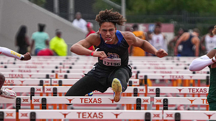 Lago Vista athlete Swayde Griffin competes in the 110-meter hurdles on the final day of the 96th annual Clyde Littlefield Texas Relays at Mike A. Meyers Stadium on Saturday, March 30, 2024 in Austin.