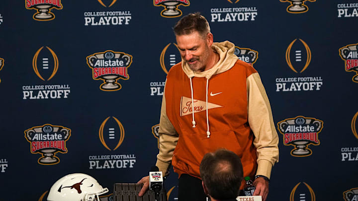 Texas Longhorns defensive coordinator Pete Kwiatkowski sits own to speak to media at the Sheraton Hotel on Thursday, Dec. 28, 2023 in New Orleans, Louisiana. The Texas Longhorns will face the Washington Huskies in the Sugar Bowl on January 1, 2024.