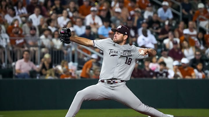 Texas A&M pitcher Ryan Prager (18) throws a pitch during the Lone Star Showdown against Texas at UFCU Disch-Falk Field on Friday, April 25, 2025.
