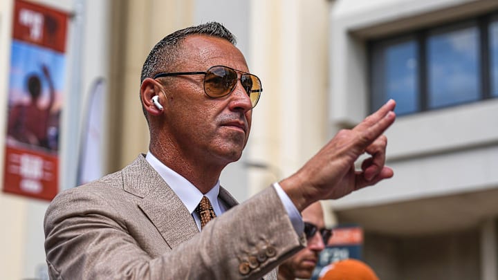 Texas Longhorns head coach Steve Sarkisian walks Bevo Boulevard ahead of the game against UTSA at Darrell K Royal-Texas Memorial Stadium in Austin Saturday, Sept. 14, 2024.