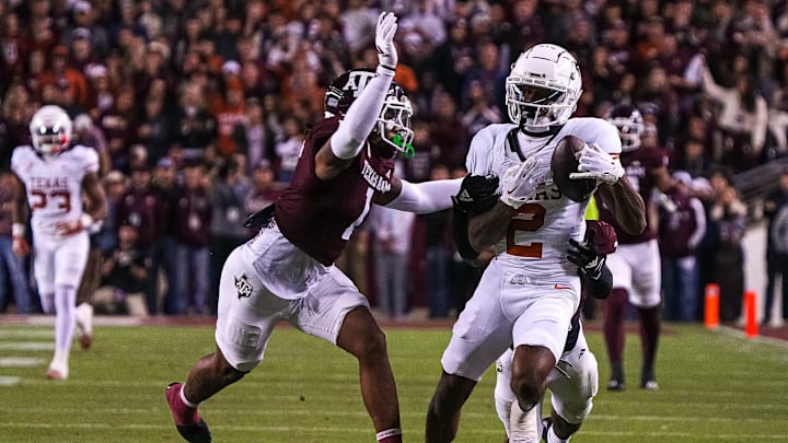 Texas Longhorns receiver Matthew Golden (2) makes a catch during the Lone Star Showdown against the Texas A&M Aggies at Kyle Field on Saturday, Nov. 30, 2024 in College Station, Texas.
