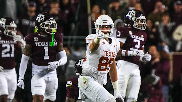 Texas Longhorns tight end Gunnar Helm (85) celebrates a first down during the Lone Star Showdown against the Texas A&M Aggies at Kyle Field on Saturday, Nov. 30, 2024 in College Station, Texas.