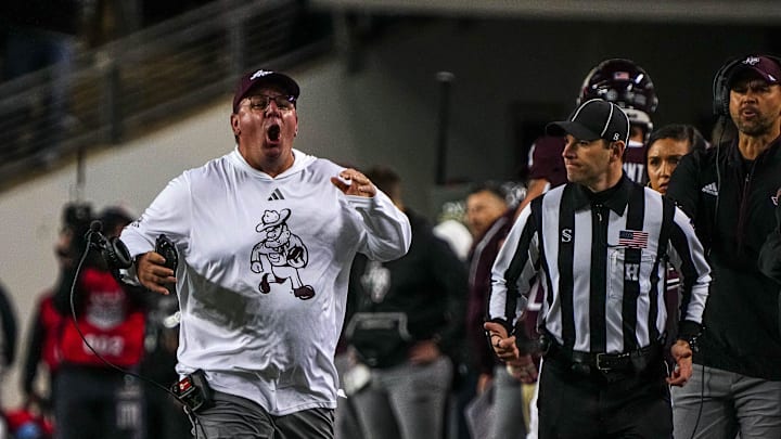 Texas A&M head coach Mike Elko reacts to an overturned tageting call against the Texas Longhorns during the Lone Star Showdown at Kyle Field on Saturday, Nov. 30, 2024 in College Station, Texas.