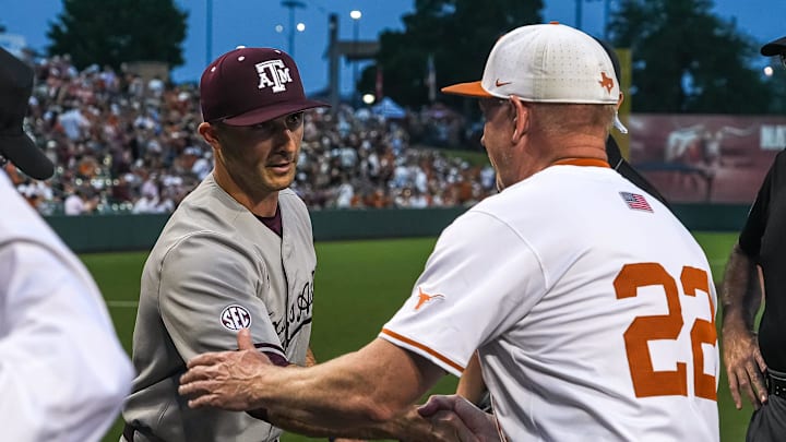 Texas A&M head coach Michael Earley meets Texas Longhorns head coach Jim Schlossnagle ahead of the Lone Star Showdown at UFCU Disch-Falk Field on Friday, April 25, 2025.