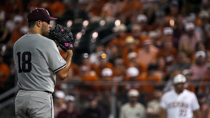 Texas A&M pitcher Ryan Prager (18) steps up to pitch during the Lone Star Showdown against Texas at UFCU Disch-Falk Field on Friday, April 25, 2025.