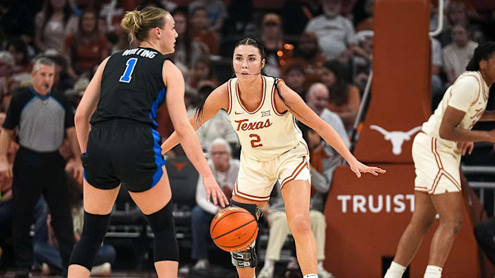 Texas Longhorns guard Shaylee Gonzales (2) guards BYU guard Amari Whiting (1) during the basketball game at the Moody Center on Saturday, Mar. 2, 2024 in Austin. Texas Longhorns guard Shaylee Gonzales (2) guards BYU guard Amari Whiting (1) during the basketball game at the Moody Center on Saturday, Mar. 2, 2024 in Austin.