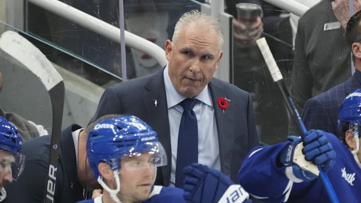 Nov 3, 2025; Toronto, Ontario, CAN; Toronto Maple Leafs head coach Craig Berube during a break against the Pittsburgh Penguins during the first period at Scotiabank Arena. Mandatory Credit: John E. Sokolowski-Imagn Images