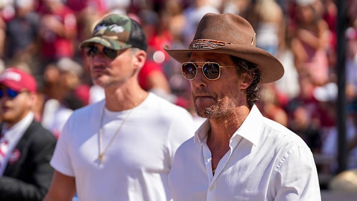 October 12, 2024: Actor Matthew McConaughey enters the stadium for the Red River Rivalry game between the Texas Longhorns and Oklahoma at the Cotton Bowl in Dallas, Texas.