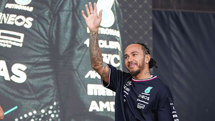 Mercedes-AMG Petronas driver Lewis Hamilton waves to the crowd during a fan experience in the Germania Insurance Amphitheater at the Formula 1 Pirelli United States Grand Prix at Circuit of the Americas on Saturday, Oct. 19, 2024.
