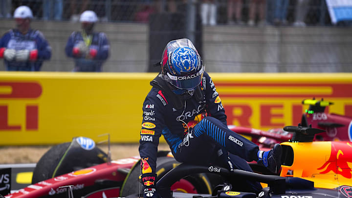 Oracle Red Bull racing driver Max Verstappen gets out of his car after the sprint race at the Formula 1 Pirelli United States Grand Prix at Circuit of the Americas on Saturday, Oct. 19, 2024.