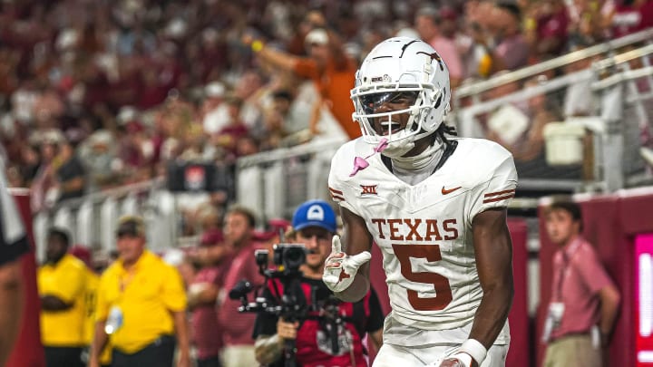 Texas Longhorns wide receiver Adonai Mitchell (5) celebrates a touchdown against Alabama at Bryant-Denny Stadium on Saturday, Sep. 9, 2023 in Tuscaloosa, Alabama. Texas Longhorns wide receiver Adonai Mitchell (5) celebrates a touchdown against Alabama at Bryant-Denny Stadium on Saturday, Sep. 9, 2023 in Tuscaloosa, Alabama.