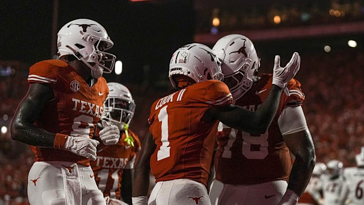 Texas Longhorns offensive lineman Kelvin Banks Jr. (78) celebrates a touchdown by receiver Johntay Cook II (1) during the game against UTSA at Darrell K Royal-Texas Memorial Stadium in Austin Saturday, Sept. 14, 2024. Texas Longhorns offensive lineman Kelvin Banks Jr. (78) celebrates a touchdown by receiver Johntay Cook II (1) during the game against UTSA at Darrell K Royal-Texas Memorial Stadium in Austin Saturday, Sept. 14, 2024.