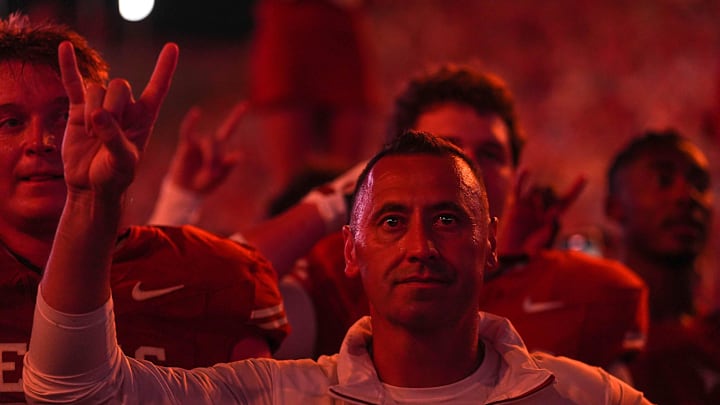 Texas Longhorns head coach Steve Sarkisian holds up the sign of the horns after the 56-7 win over UTSA at Darrell K Royal-Texas Memorial Stadium in Austin Saturday, Sept. 14, 2024.