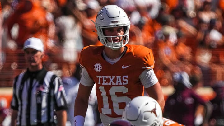 Texas Longhorns quarterback Arch Manning (16) lines up for a snap during the game against Mississippi State at Darrell K Royal-Texas Memorial Stadium in Austin Saturday, Sept. 28, 2024.