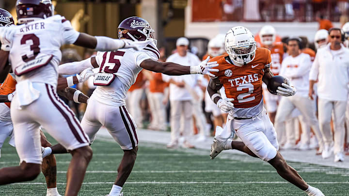 Texas Longhorns receiver Matthew Golden (2) runs the ball during the game against Mississippi State at Darrell K Royal-Texas Memorial Stadium in Austin Saturday, Sept. 28, 2024.