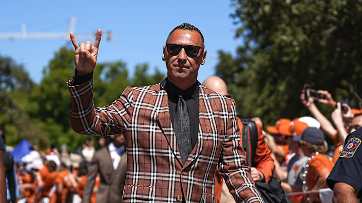 Texas Longhorns head coach Steve Sarkisian arrives at the stadium ahead of the game against Mississippi State at Darrell K Royal-Texas Memorial Stadium in Austin Saturday, Sept. 28, 2024.
