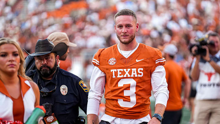 Sep 28, 2024; Austin, Texas, USA; Texas Longhorns quarterback Quinn Ewers (3) leaves the field after the 35-13 victory over the Mississippi State Bulldogs at Darrell K Royal-Texas Memorial Stadium. Mandatory Credit: Aaron E. Martinez/USA TODAY Network via Imagn Images Sep 28, 2024; Austin, Texas, USA; Texas Longhorns quarterback Quinn Ewers (3) leaves the field after the 35-13 victory over the Mississippi State Bulldogs at Darrell K Royal-Texas Memorial Stadium. Mandatory Credit: Aaron E. Martinez/USA TODAY Network via Imagn Images
