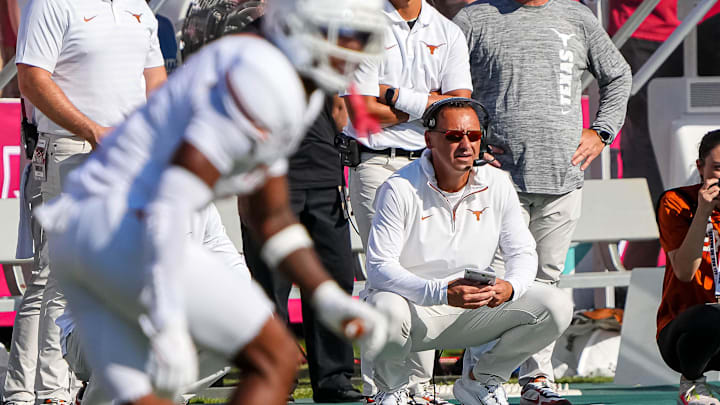 Texas Longhorns head coach Steve Sarkisian watches from the sideline during the Red River Rivalry game against Oklahoma at the Cotton Bowl on Saturday, Oct. 12, 2024 in Dallas, Texas.